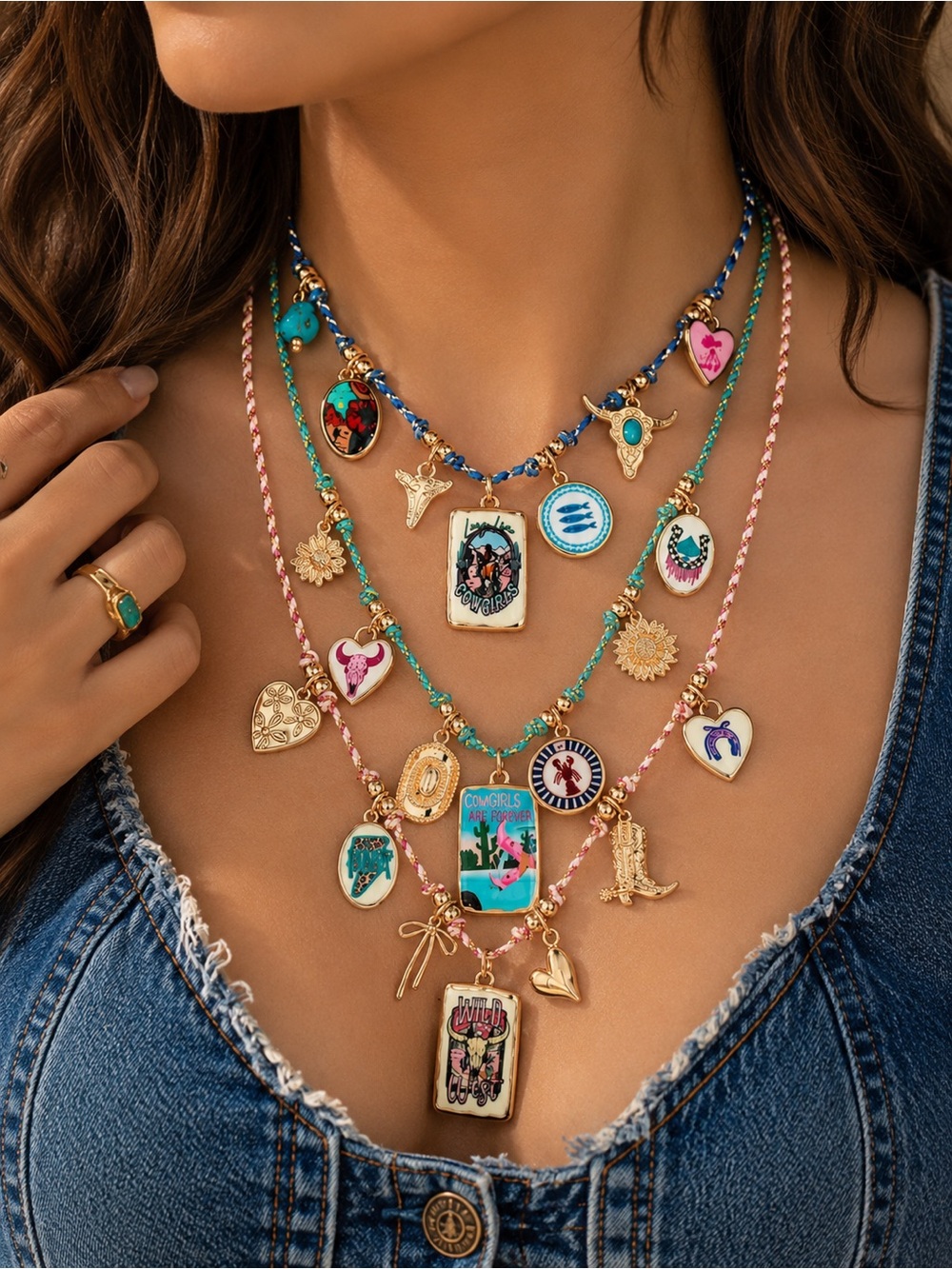 Western Cowgirl Layered Charm Necklace Set